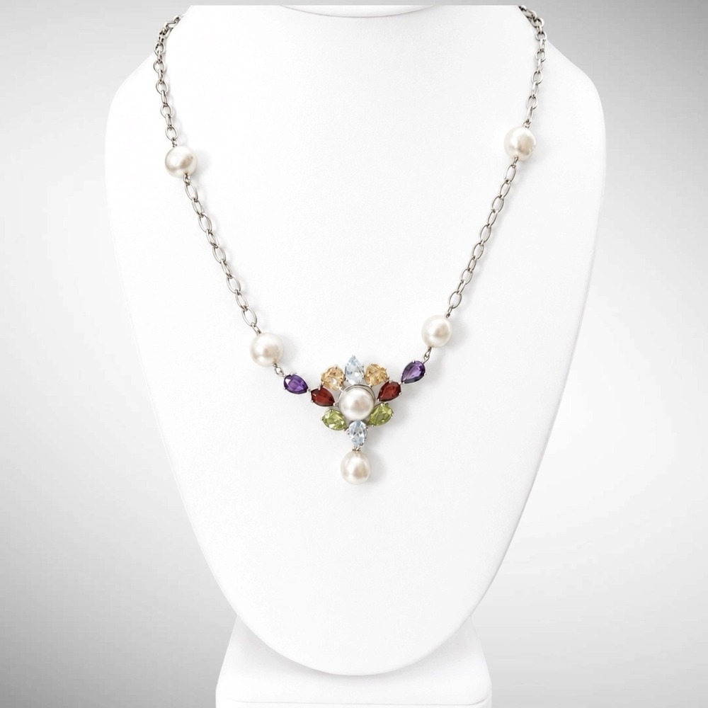Ross-Simons 925 Sterling Silver Multi Gemstone Pearl Station Necklace 18-20"